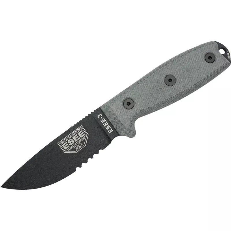 ESEE Knives ESEE-3 Fixed Blade Knife w/Black Blade, Serrated Edge, Modified Pommel (ESEE-3SM-B)