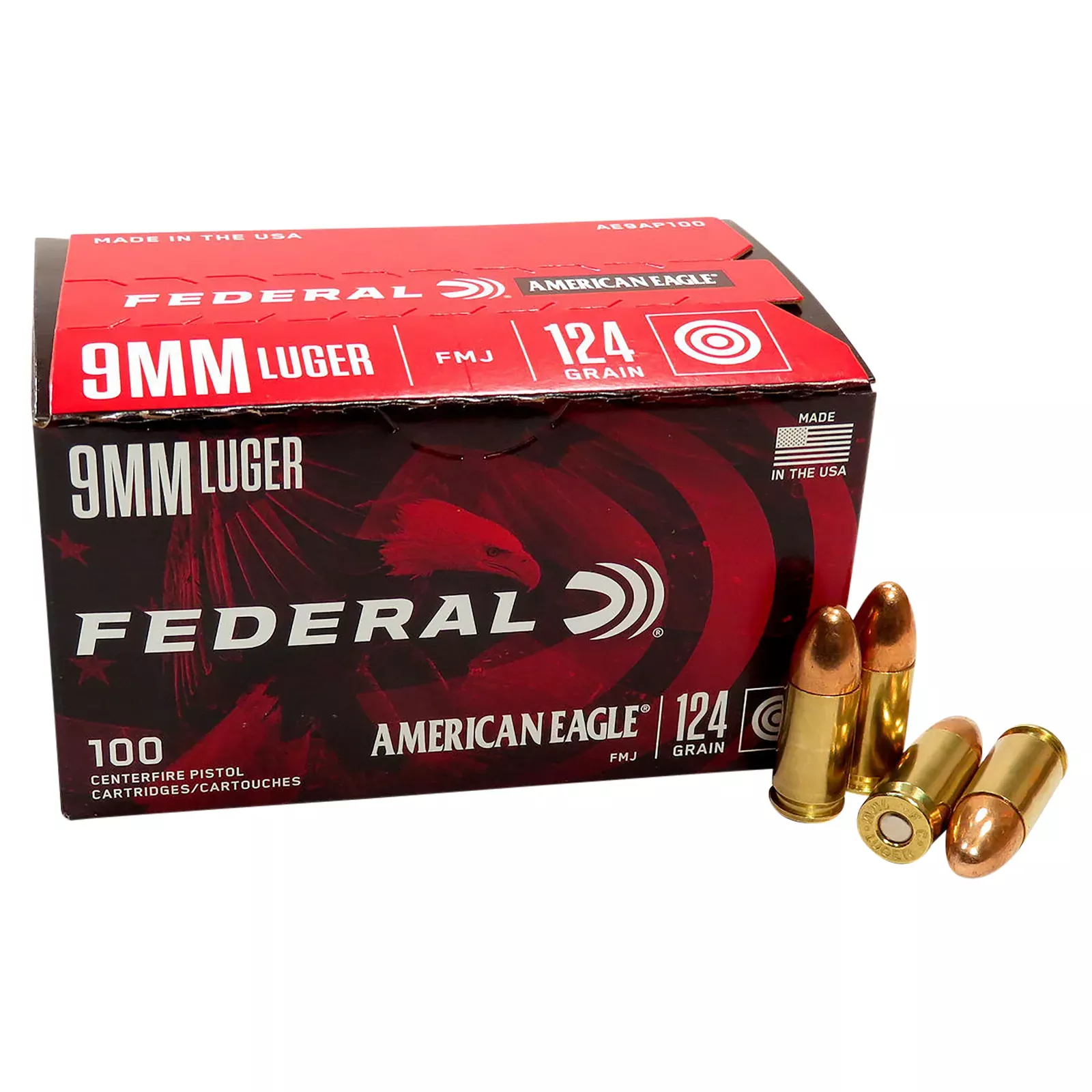 Federal American Eagle Pistol Ammunition AE9AP100, 9mm Luger, Full Metal Jacket, 124 gr, 1150 fps, 100 Rd/Bx