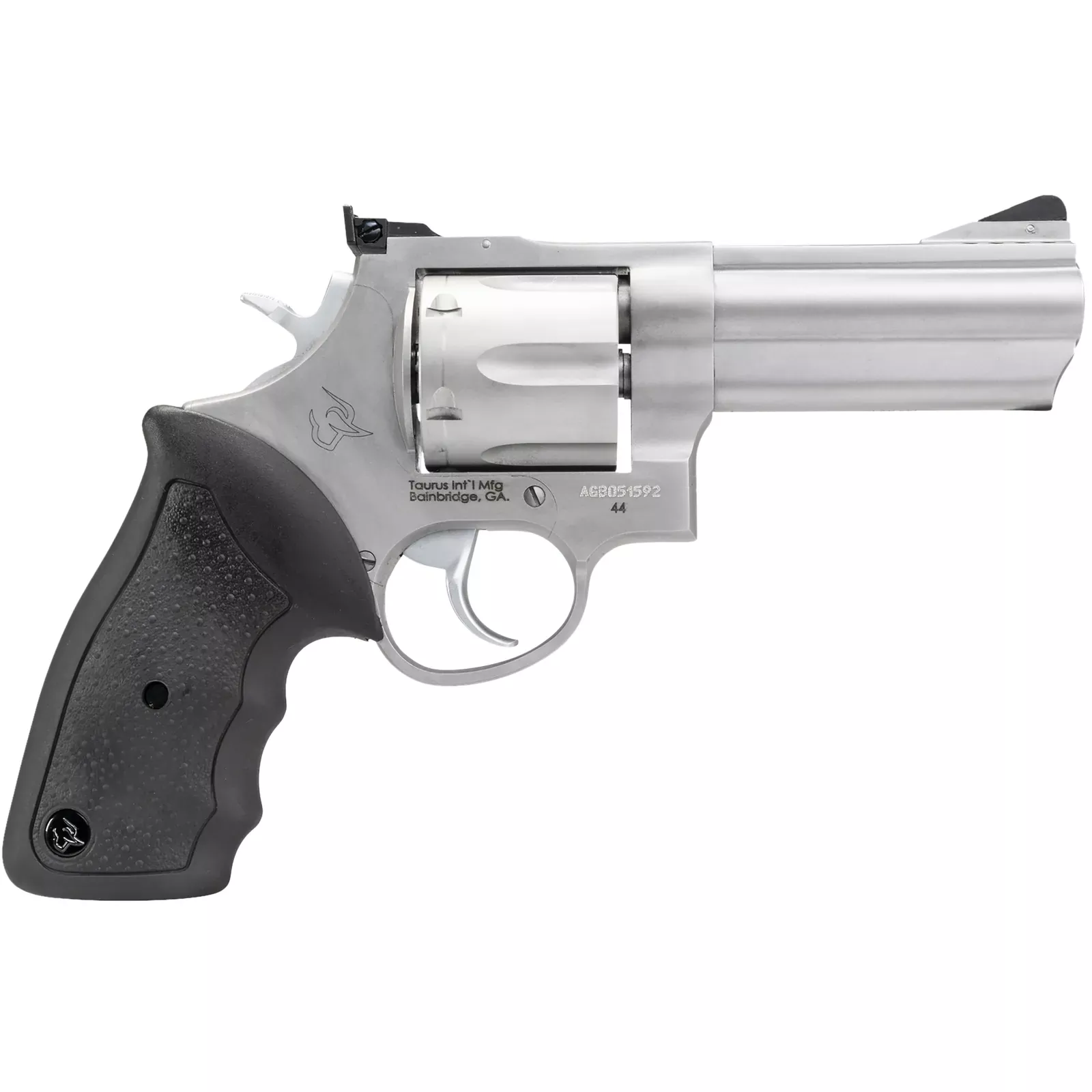 Taurus 44 Large Frame Revolver 2440049, 44 Remington Mag, 4″ Ported, Soft Rubber Grip, Matte Stainless Finish, 6 Rd, Adj Sights